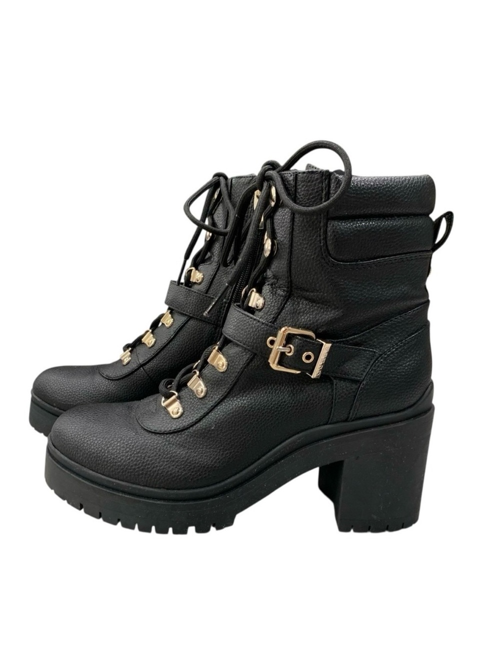 Guess Black Lace-Up Platform Ankle Boots with Gold Hardware